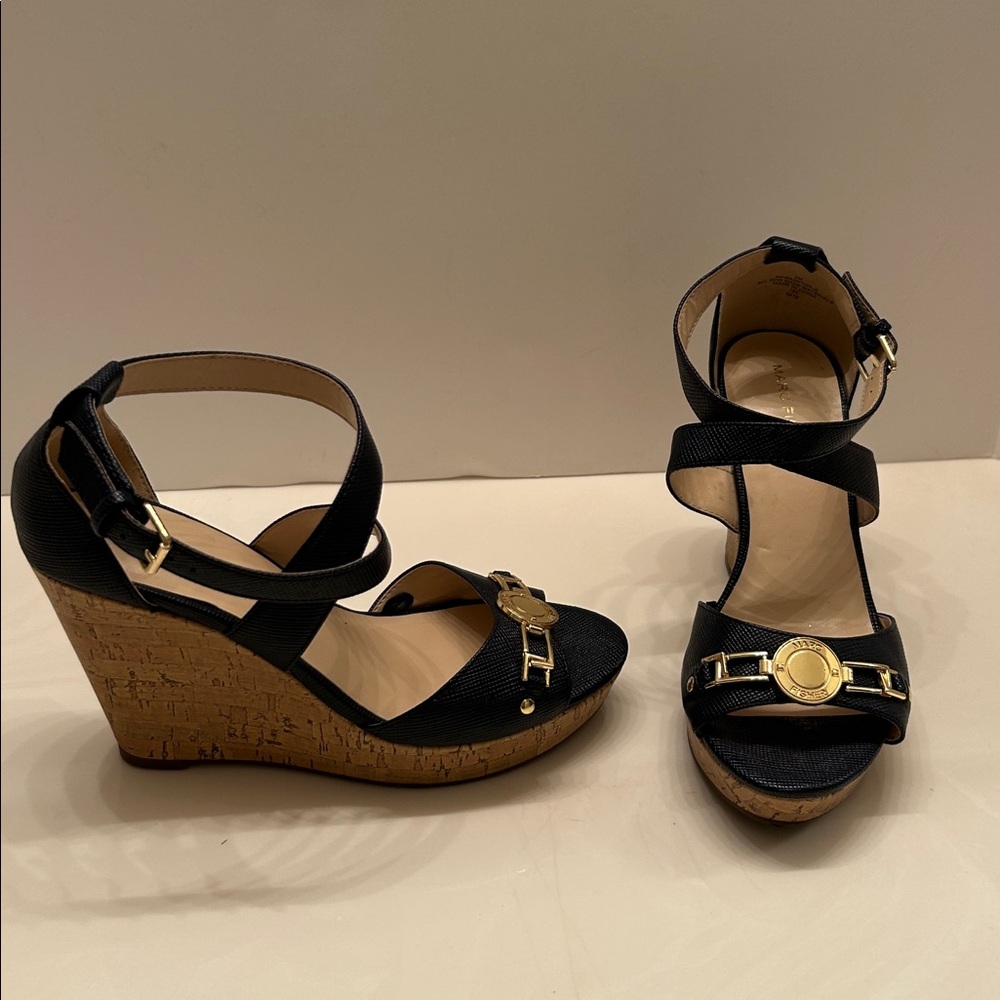 Marc Fisher Navy Ankle-Strap Wedge Sandals with Gold Accent. Women’s Size 8M.